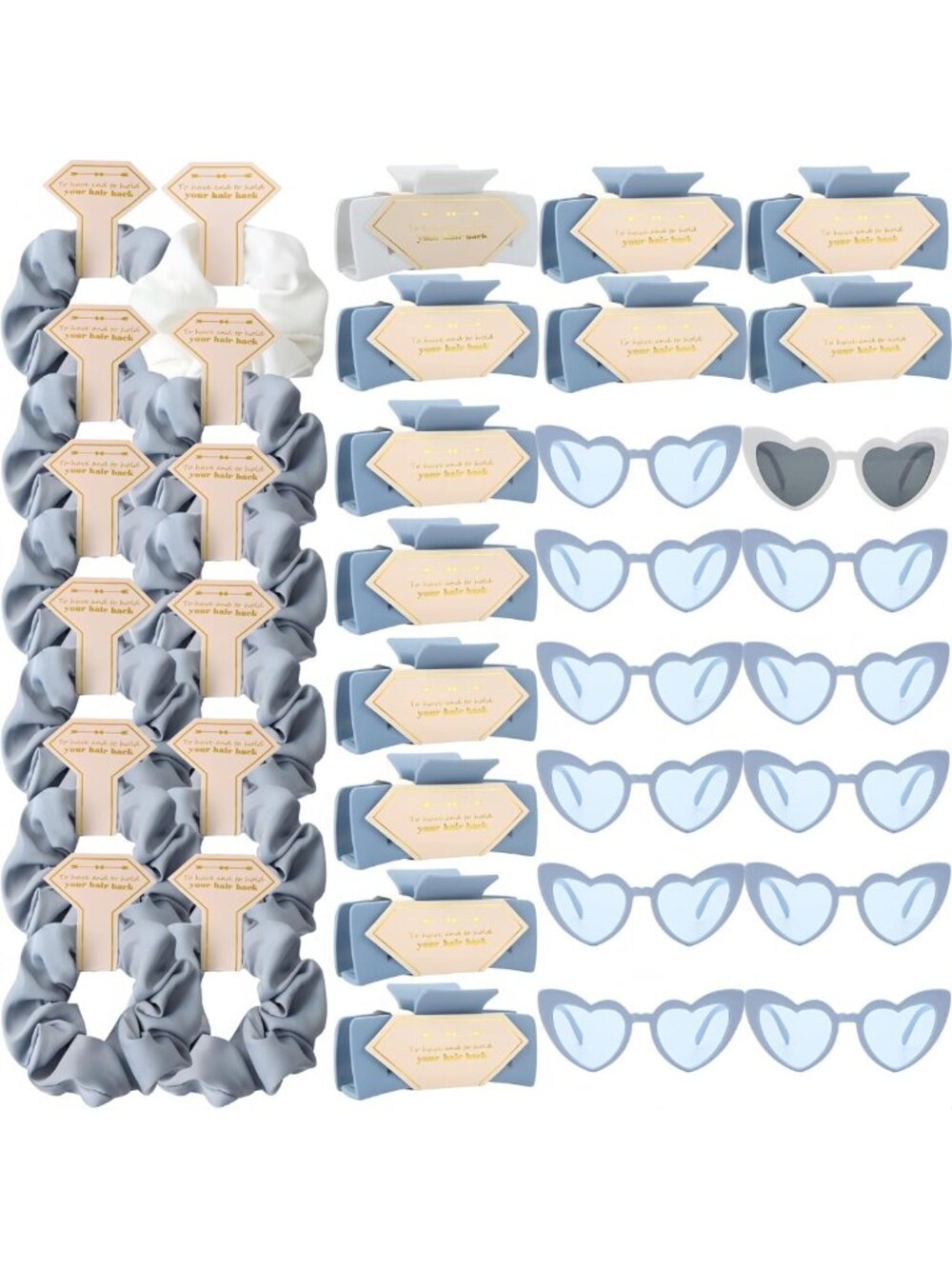36pcs Bridesmaid Proposal Gifts - White & Dusty Blue Scrunchies, Hair Claws